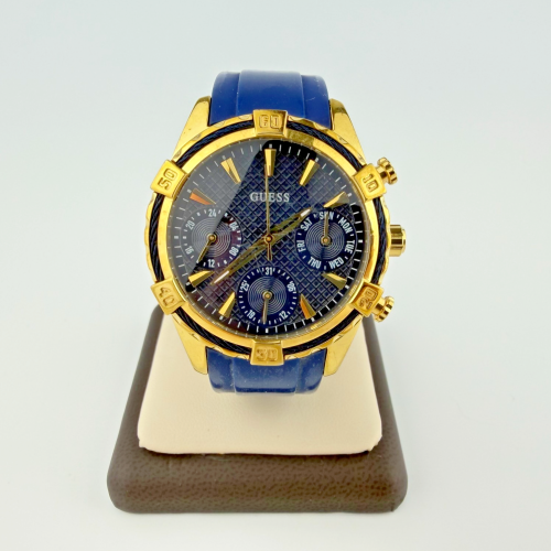 Guess Chronograph Gold Tone Watch Blue Silicone Strap Black Dial