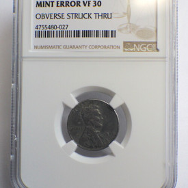 1943 LINCOLN WHEAT MINT ERROR VF30 OBVERSE STRUCK THRU 1c 