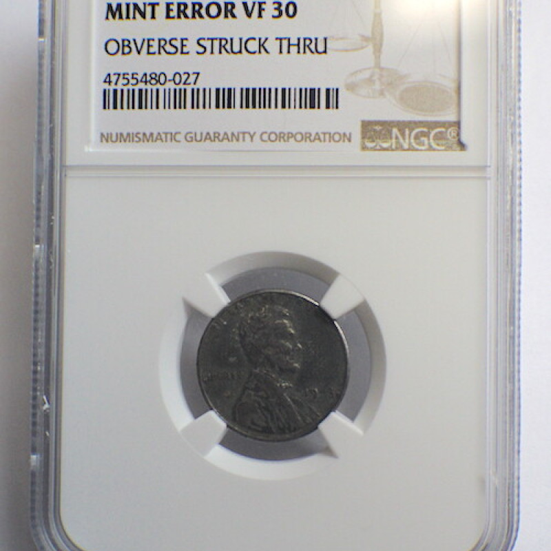 1943 LINCOLN WHEAT MINT ERROR VF30 OBVERSE STRUCK THRU 1c 1943 LINCOLN WHEAT MINT ERROR VF30 OBVERSE STRUCK THRU 1c