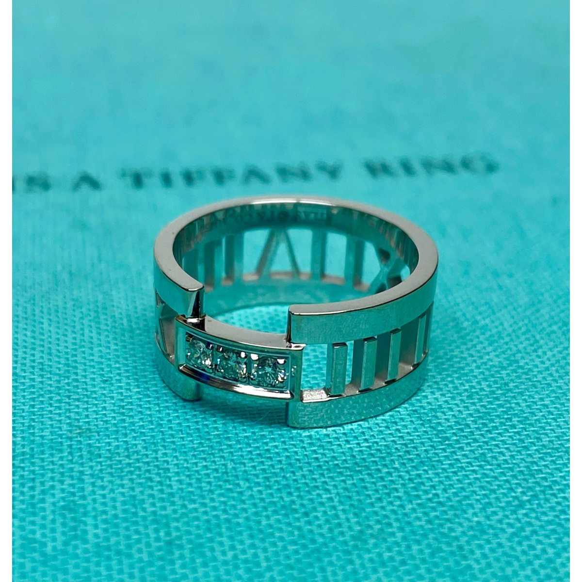 Tiffany & Co. Atlas 18K White Gold Three Diamond Open Band Ring Size 6