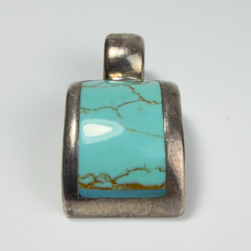 Vintage Mexican Sterling Silver Turquoise Curved Inlay Pendant - 14.9g