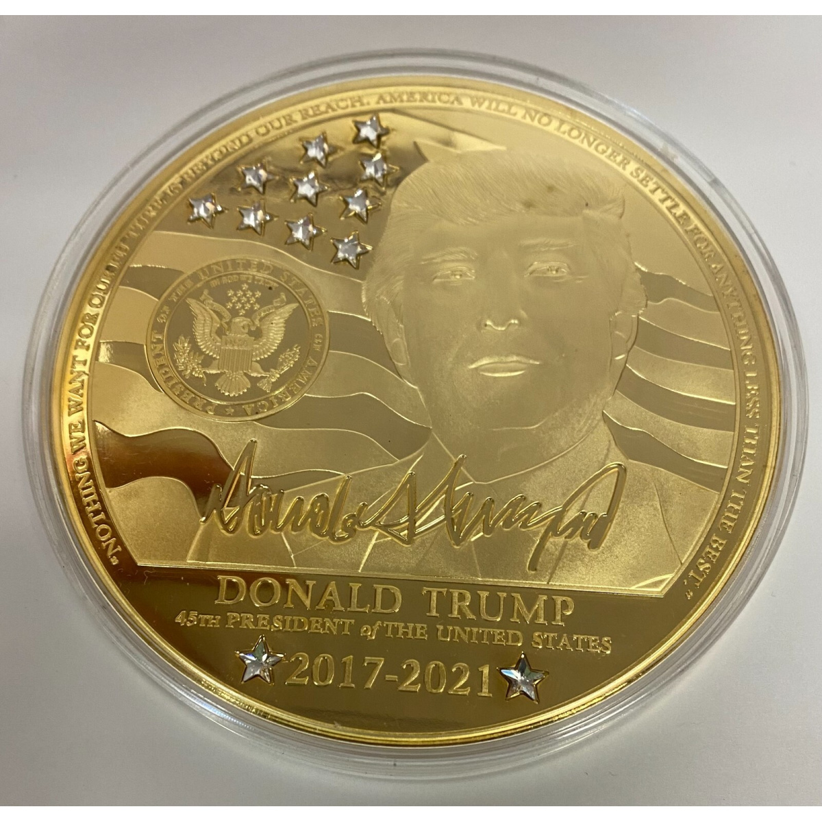 TRUMP-45th US PRES- JUMBO 100mm/ (4 inch) w/ SWAROVSKI CRYSTALS and w/COA