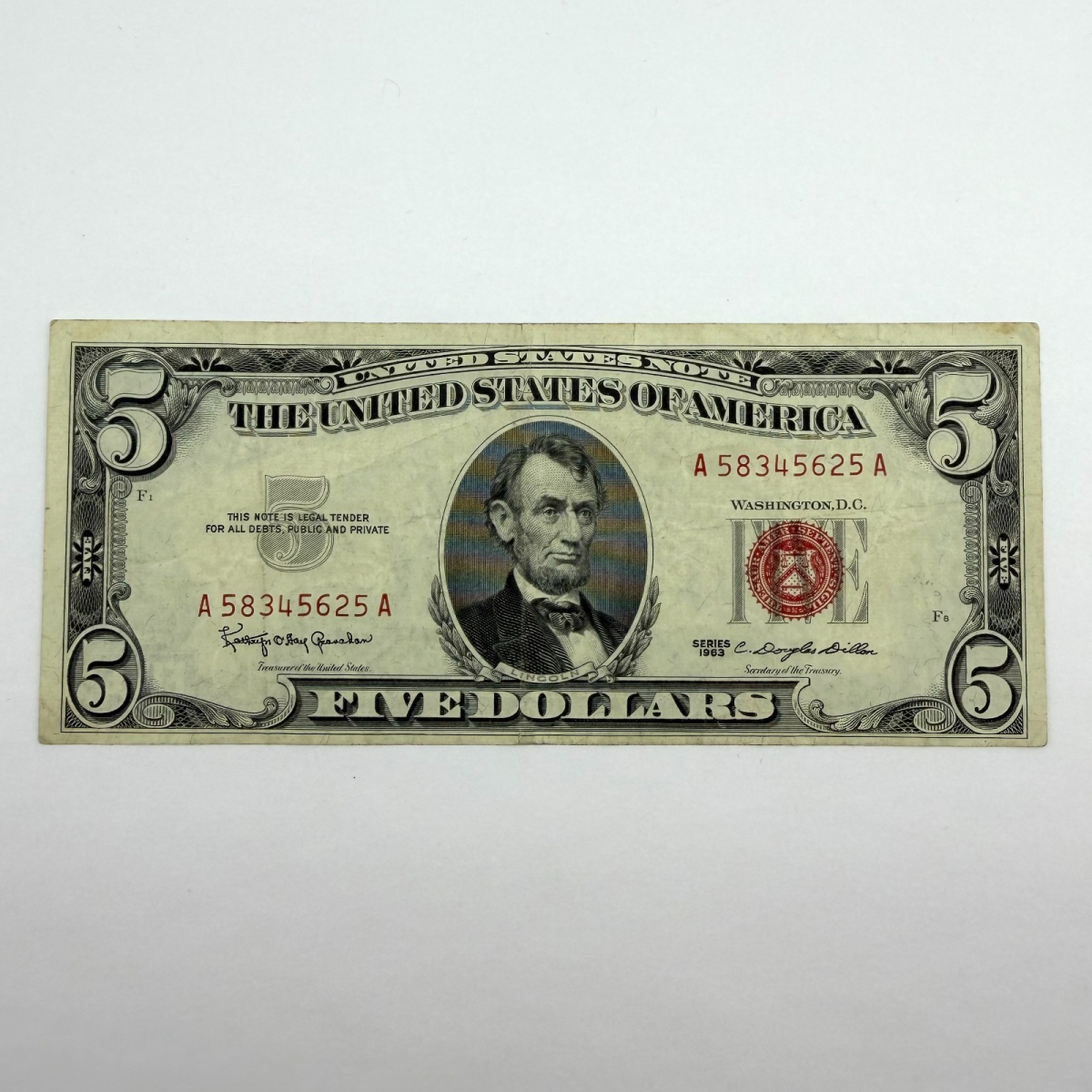 1963 Series $5 Red Seal United States Note, Serial A58345625A, Boston District A