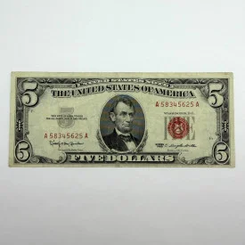 1963 Series $5 Red Seal United States Note, Serial A58345625A, Boston District A