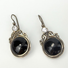 Vintage 925 Sterling Silver - Black Onyx Round Dangle Earrings