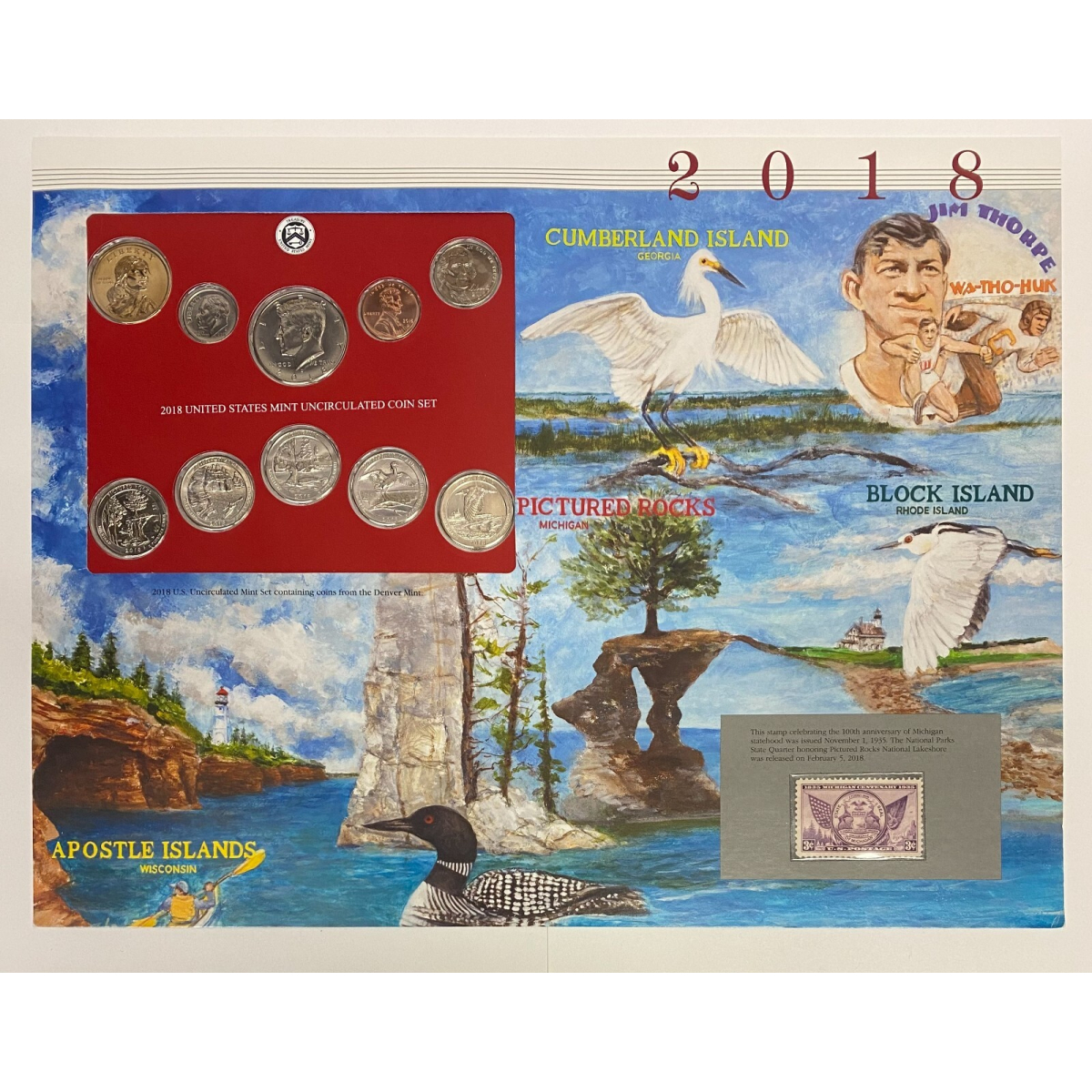 2018 D Denver Uncirculated Mint Set Postal Commemorative Society Coin & Stamps