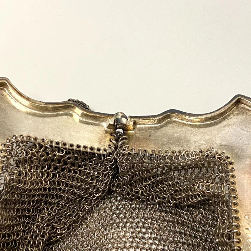 Antique Sterling Silver Mesh Purse - Ruby A Rossback 1909 Engraving