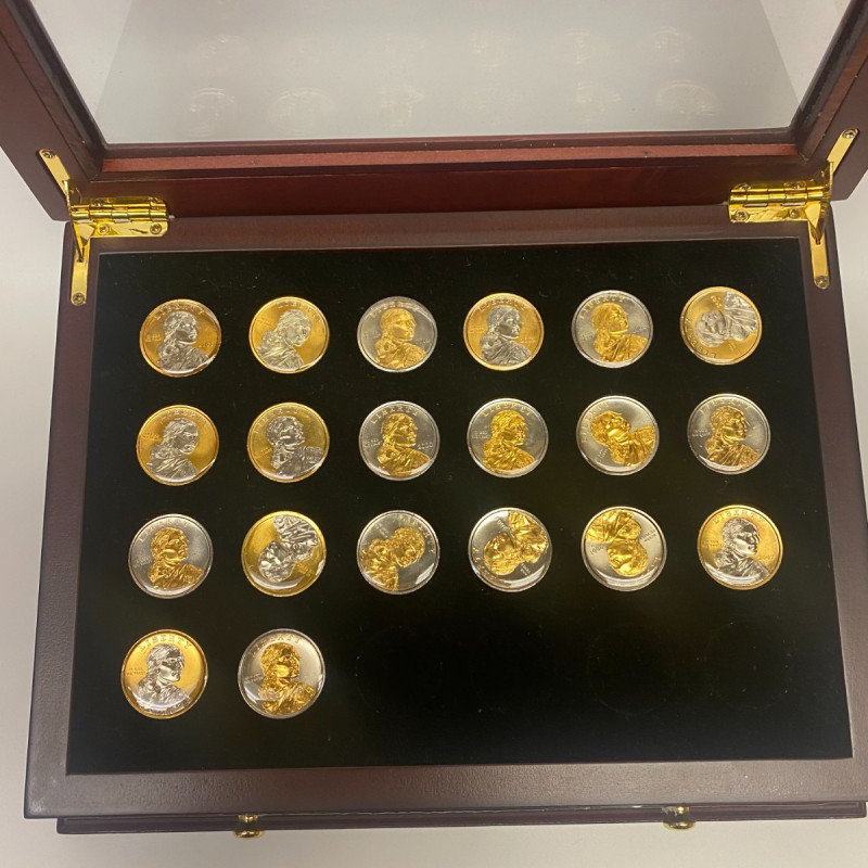 Lot Of 34 Rare Platinum and Gold Highlighted Sacagawea Dollars Box & COA
