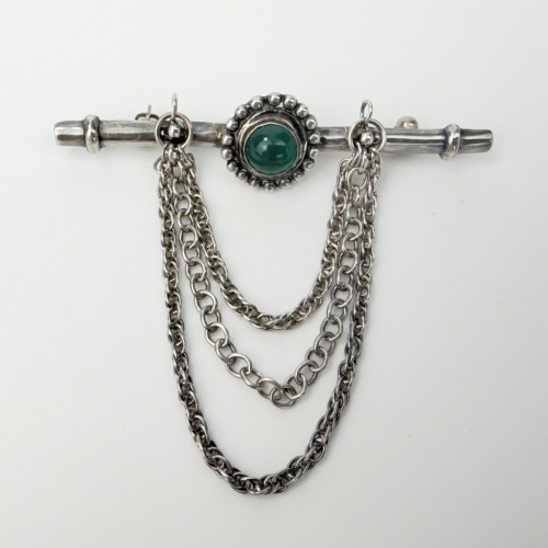 Rare Vintage Sue Susan Drabkin Sterling Silver Brooch with Chains and Green Jade Rare Vintage Sue Susan Drabkin Sterling Silver Brooch with Chains and Green Jade