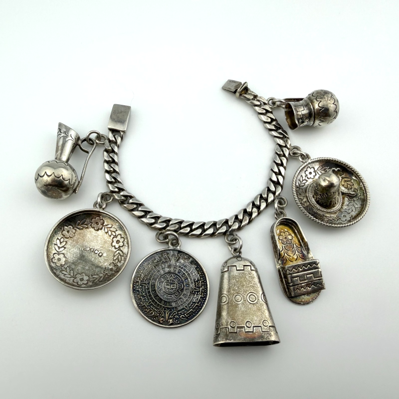 Vintage Sterling Silver Castelan Mexico Charm Link Southwestern Bracelet, 7”