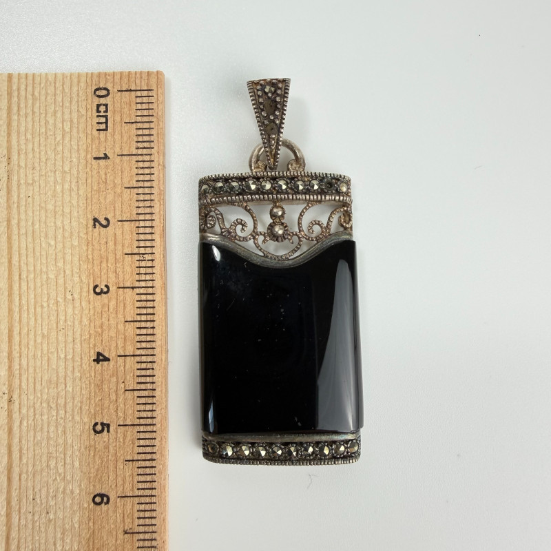 Vintage Rectangular Sterling Silver Black Onyx And Marcasite Pendant