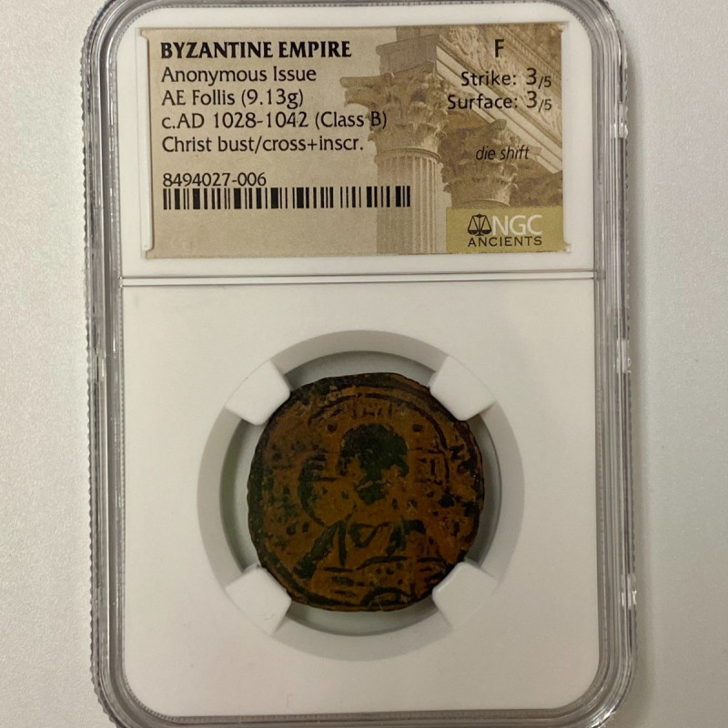 CHRIST BUST/Cross-Inscr. Byzantine Empire 1028-1042 Class B AE Follis NGC CHRIST BUST/Cross-Inscr. Byzantine Empire 1028-1042 Class B AE Follis NGC