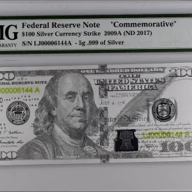 2009 PMG $100 5-GRAM SILVER CURRENCY STRIKE .999 PURE SILVER 68