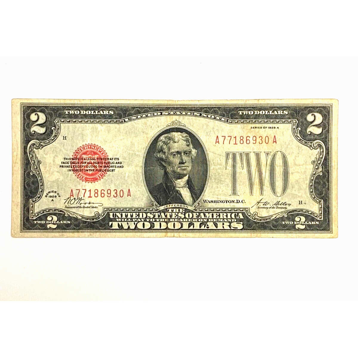 1928-A Red Seal $2 Dollar Bill UNITED STATES NOTE A77186930 A