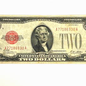 1928-A Red Seal $2 Dollar Bill UNITED STATES NOTE A77186930 A