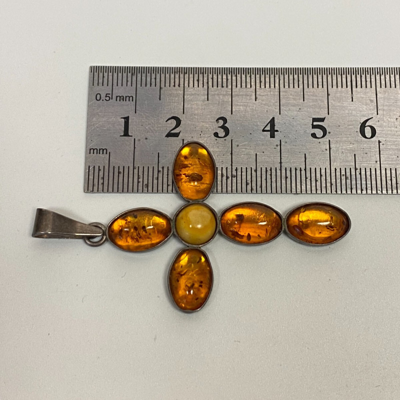 Vintage LARGE AMBER CROSS PENDANT Sterling Silver 53 on 35 mm