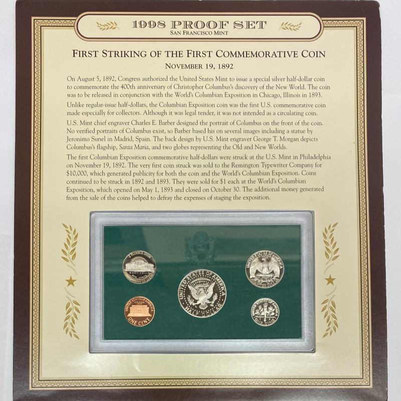 1998 US Mint Proof Set San Francisco Set Display Card W/Stamp Columbia’s Expo