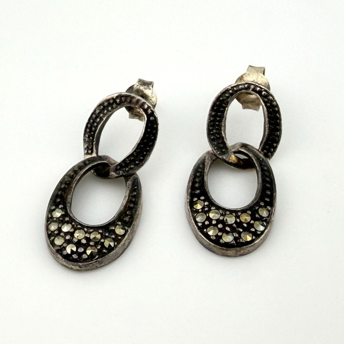 Vintage Sterling Silver Marcasite Interlocking Circle Dangle Earrings - Unbranded