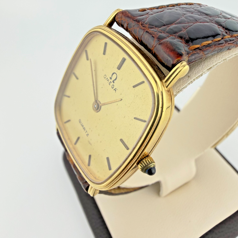 Vintage Omega 14K Gold 28mm Square Quartz Watch Brown Leather Strap
