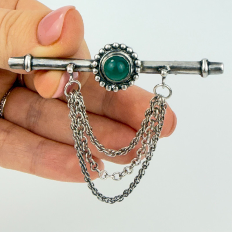 Rare Vintage Sue Susan Drabkin Sterling Silver Brooch with Chains and Green Jade