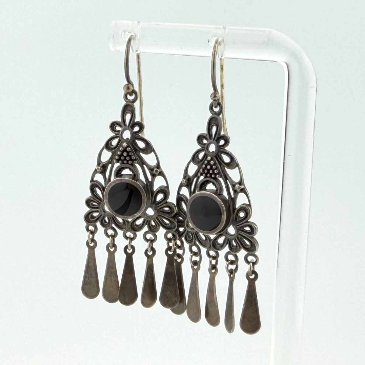 Oxidized Sterling Silver Black Onyx Chandelier Dangle Earrings - 925 China - Unbranded
