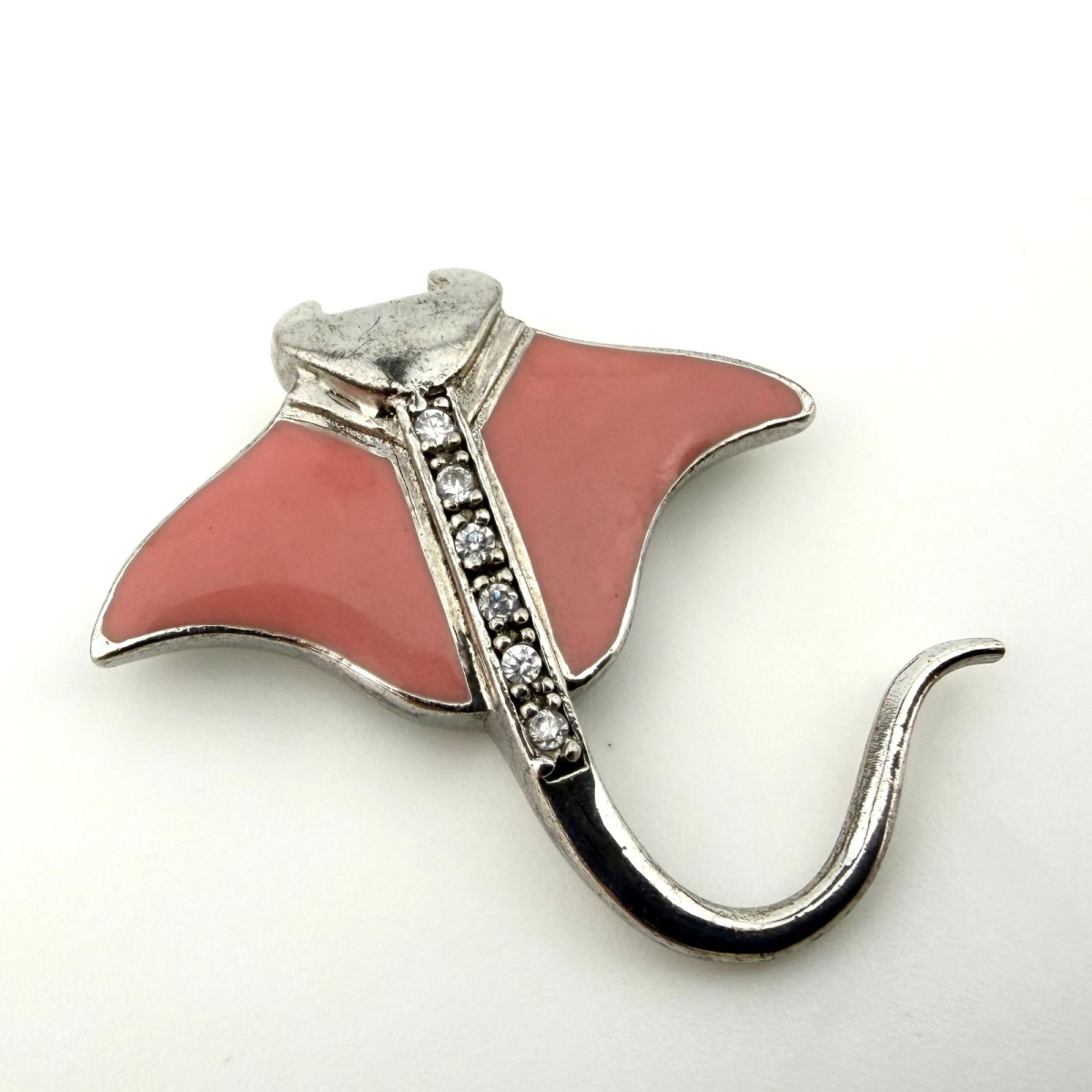 Vintage Shields Sterling Silver Pink Enamel Stingray / Manta Ray Pendant with CZ - Shields