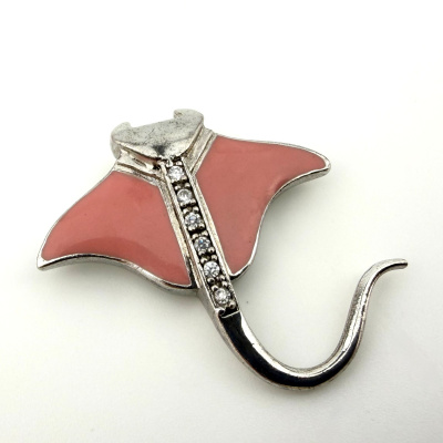 Vintage Shields Sterling Silver Pink Enamel Stingray / Manta Ray Pendant with CZ