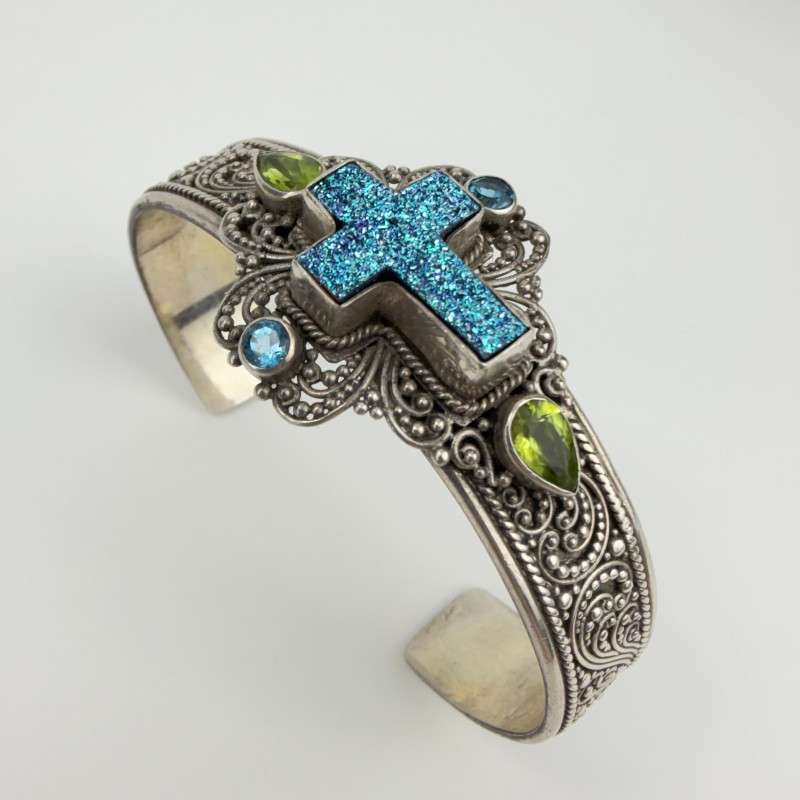 Rare Sarda Artisan Collection Of Bali Paraiba Silver Cuff Bracelet with Cross