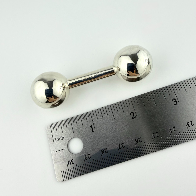 Vintage  Silver 384 Baby Rattle Jingle Dumbbell Toy Black Eyes Hollow
