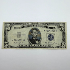 1953 Series $5 Blue Seal Silver Certificate, Serial A72842838A, Boston A Distr.