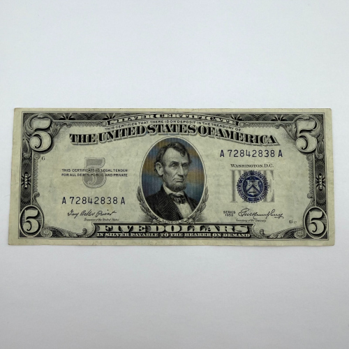 1953 Series $5 Blue Seal Silver Certificate, Serial A72842838A, Boston A Distr. 1953 Series $5 Blue Seal Silver Certificate, Serial A72842838A, Boston A Distr.