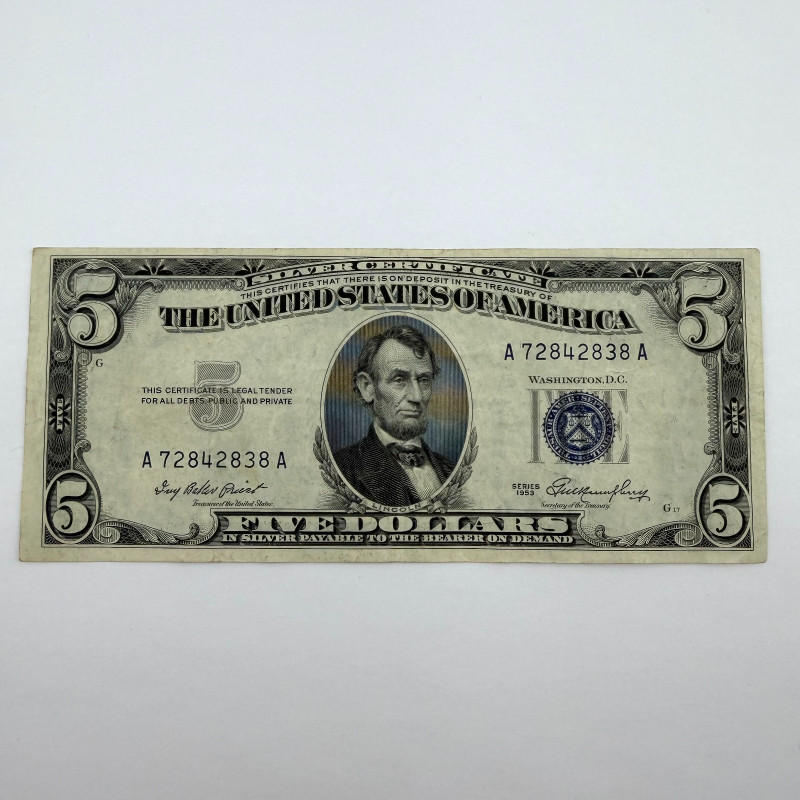 1953 Series $5 Blue Seal Silver Certificate, Serial A72842838A, Boston A Distr.