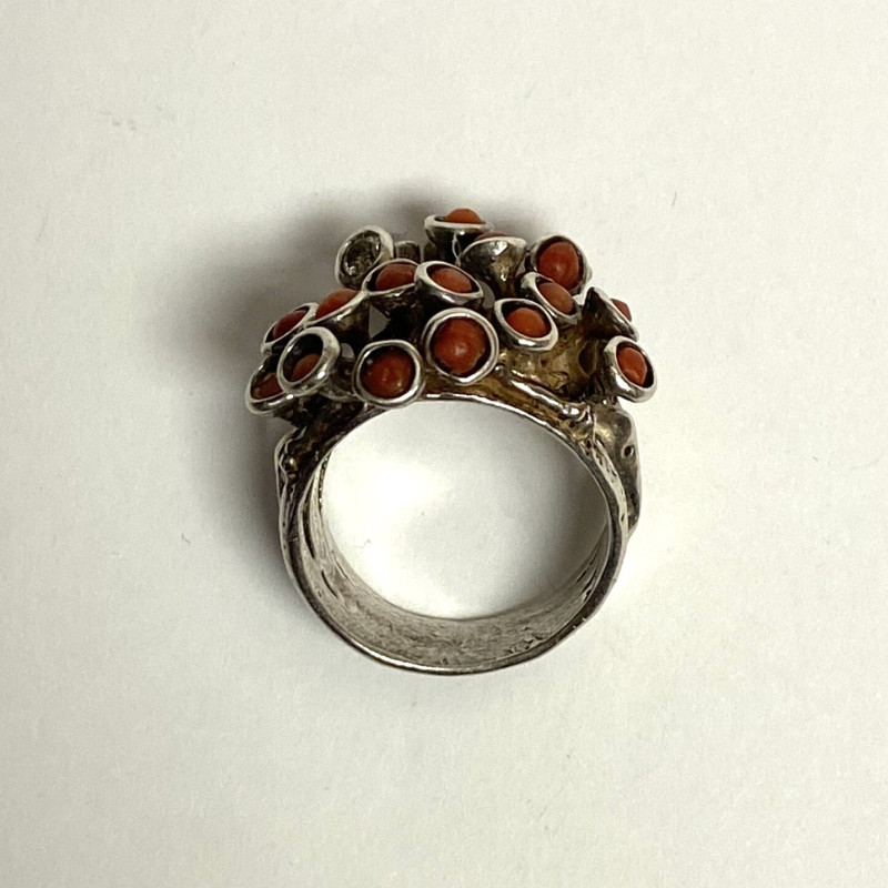 Vintage Designed Coral Stones & Diamond  Sterling Silver 925   Woman Ring Size 7