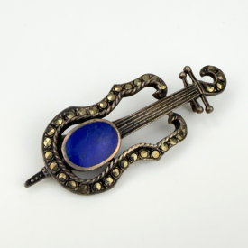 Vintage 925 Sterling Silver Sodalite & Marcasite GUITAR Brooch Pin
