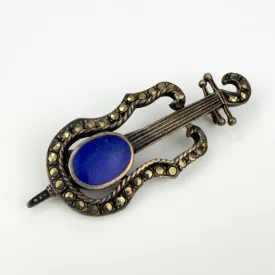Vintage 925 Sterling Silver Sodalite & Marcasite GUITAR Brooch Pin