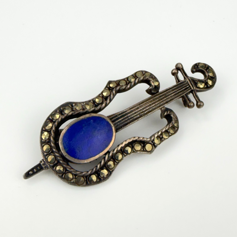 Vintage 925 Sterling Silver Sodalite & Marcasite GUITAR Brooch Pin