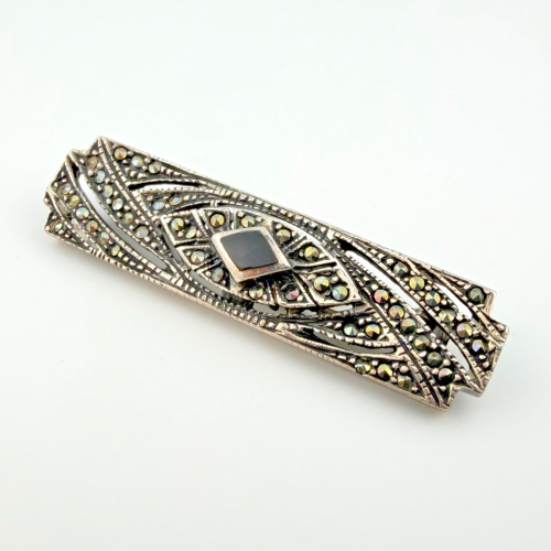 Vintage 30s Art Deco Sterling Silver Marcasites Bar Brooch Pin