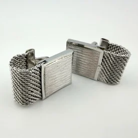 Vintage Square Cuff Links Textured Silver Tone Mesh Wrap Setting Cufflinks
