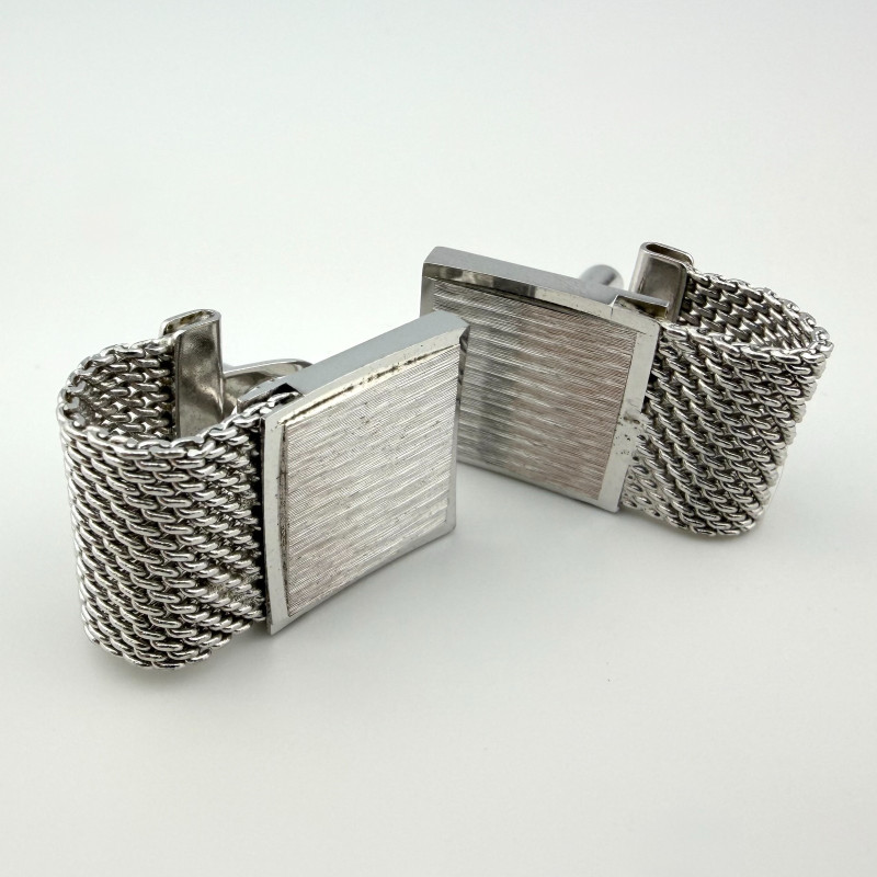 Vintage Square Cuff Links Textured Silver Tone Mesh Wrap Setting Cufflinks