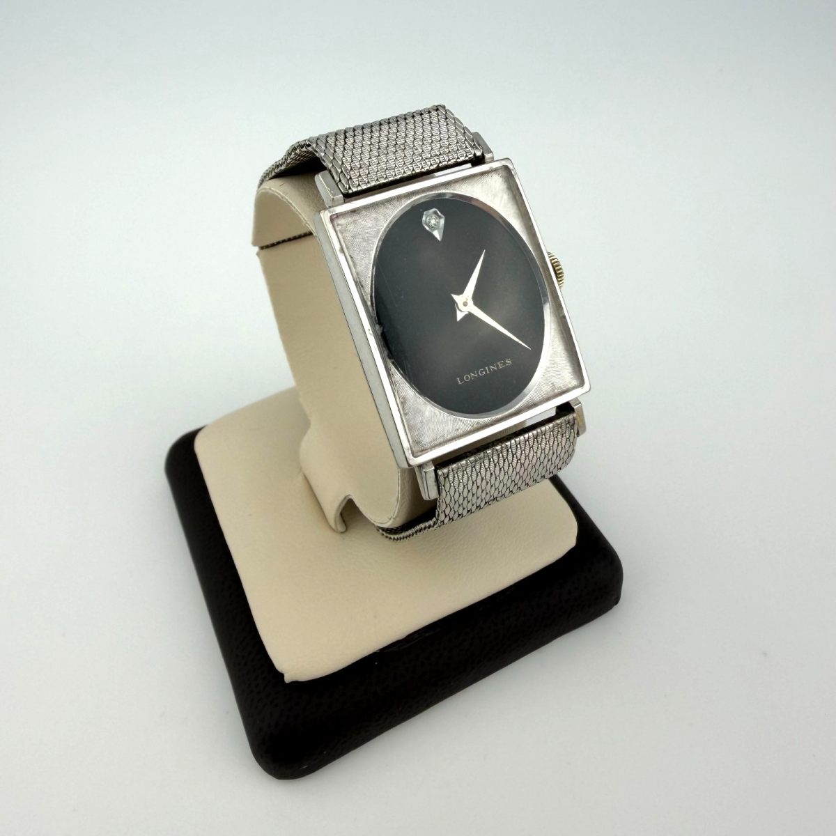 Vintage 1960 Longines Rectangular Black Dial 10K Gold Filled Mesh Bracelet Watch