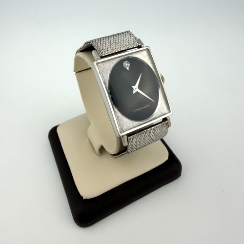 Vintage 1960 Longines Rectangular Black Dial 10K Gold Filled Mesh Bracelet Watch Vintage 1960 Longines Rectangular Black Dial 10K Gold Filled Mesh Bracelet Watch