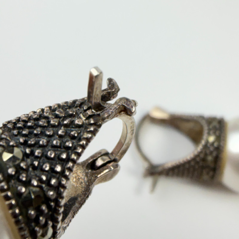 Vintage Marcasite And White Pearl 925 Silver Earrings Pierced