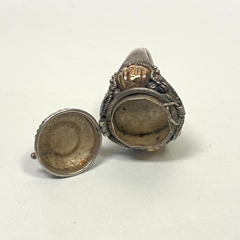 OLD VICTORIAN STYLE STERLING SILVER and 14k, GREEN PERIDOT POISON RING Size 6.7