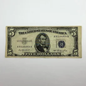 1953 Series $5 Blue Seal Silver Certificate, Serial A93164954A, Boston A Distr.