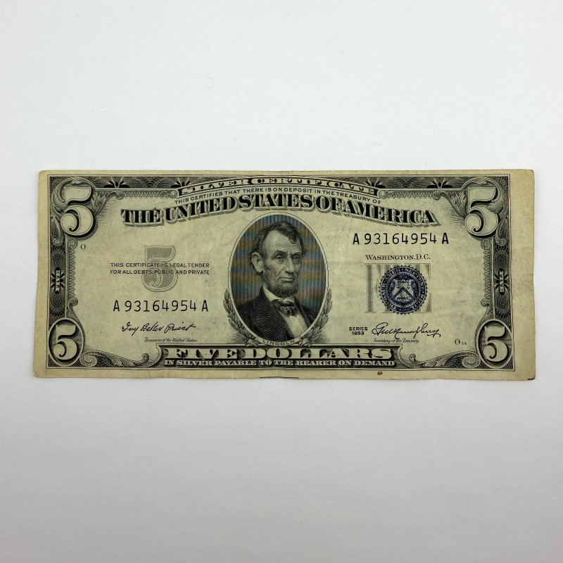 1953 Series $5 Blue Seal Silver Certificate, Serial A93164954A, Boston A Distr.