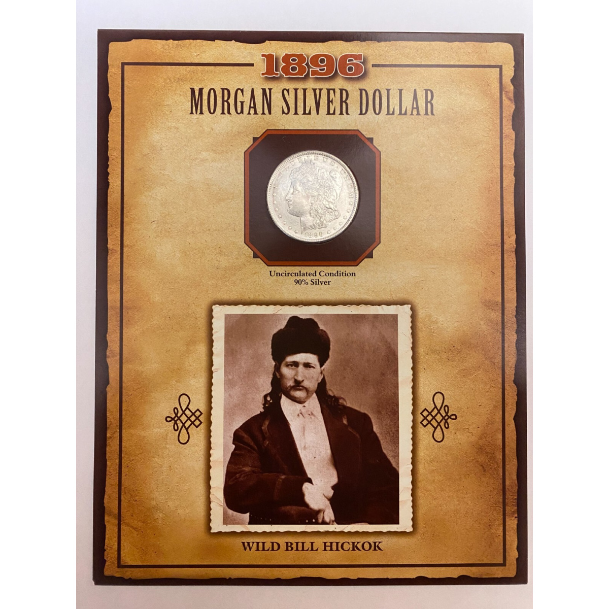 1896 Morgan Silver Dollar In Wild West Historical Display Card. Wild Bill Hickok