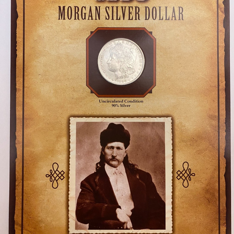 1896 Morgan Silver Dollar In Wild West Historical Display Card. Wild Bill Hickok