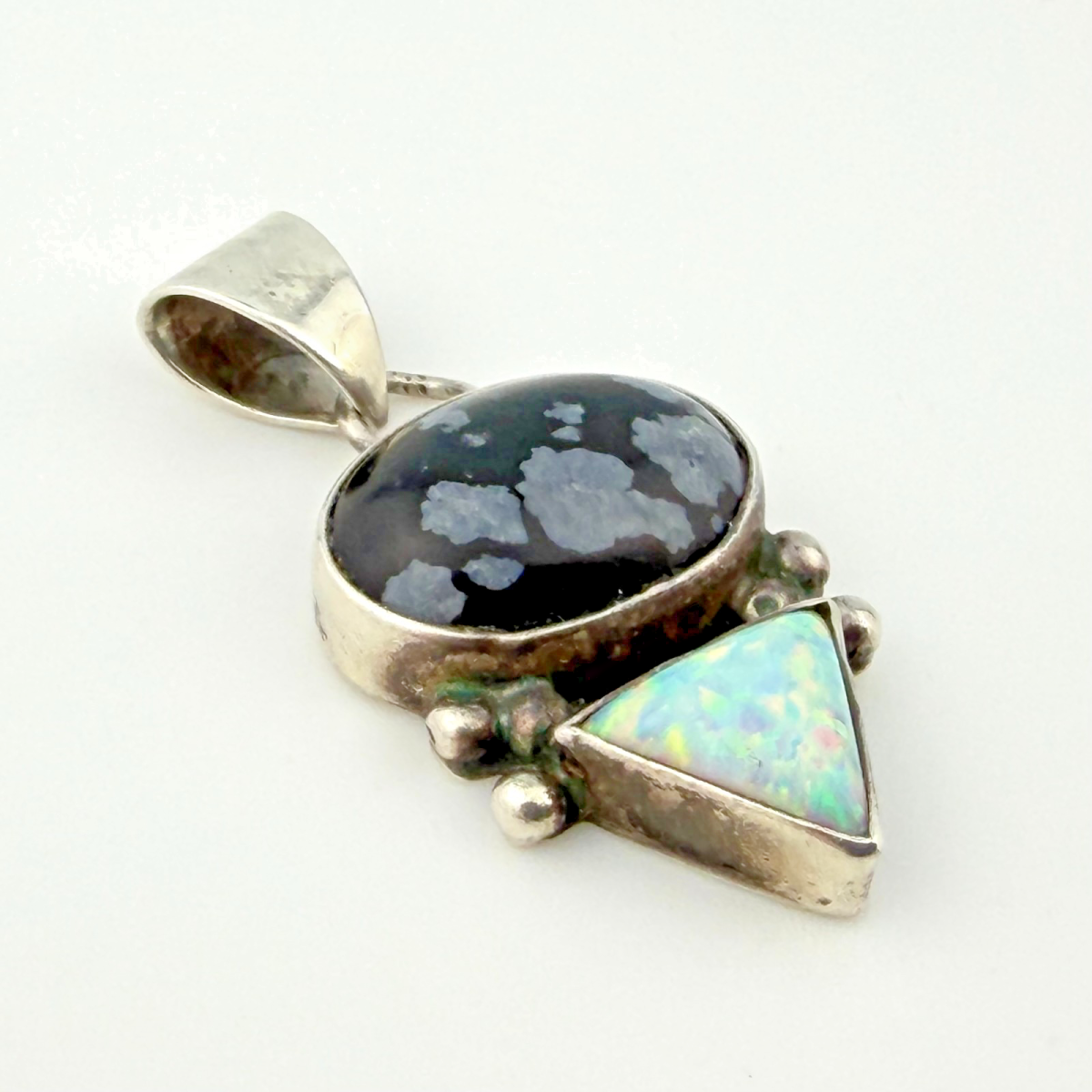 Vintage Handmade Sterling Silver 925 Fire Opal & Snowflake Obsidian Pendant - Unbranded