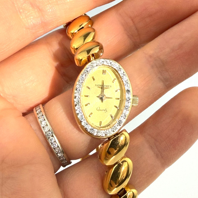 Longines Quartz Women's Watch Gold Tone Oval Diamond Bezel Bracelet BT 9815