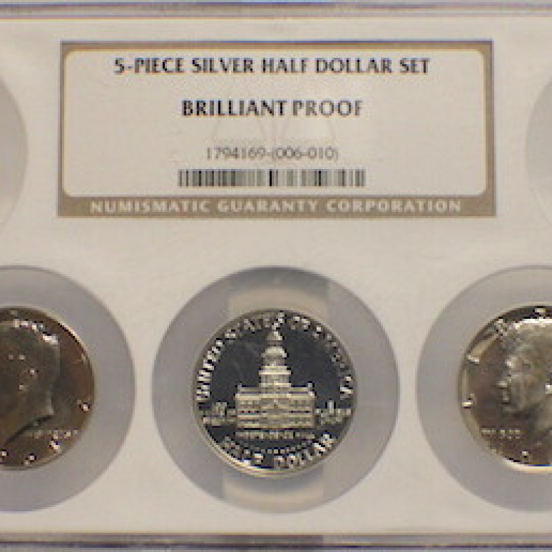 5- PIECE SILVER HALF DOLLAR SET BRILLANT PROOF 2 COINS ROTATED 